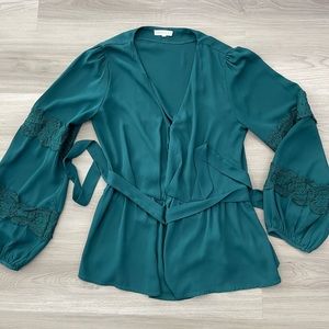 Teal wrap around tie blouse top